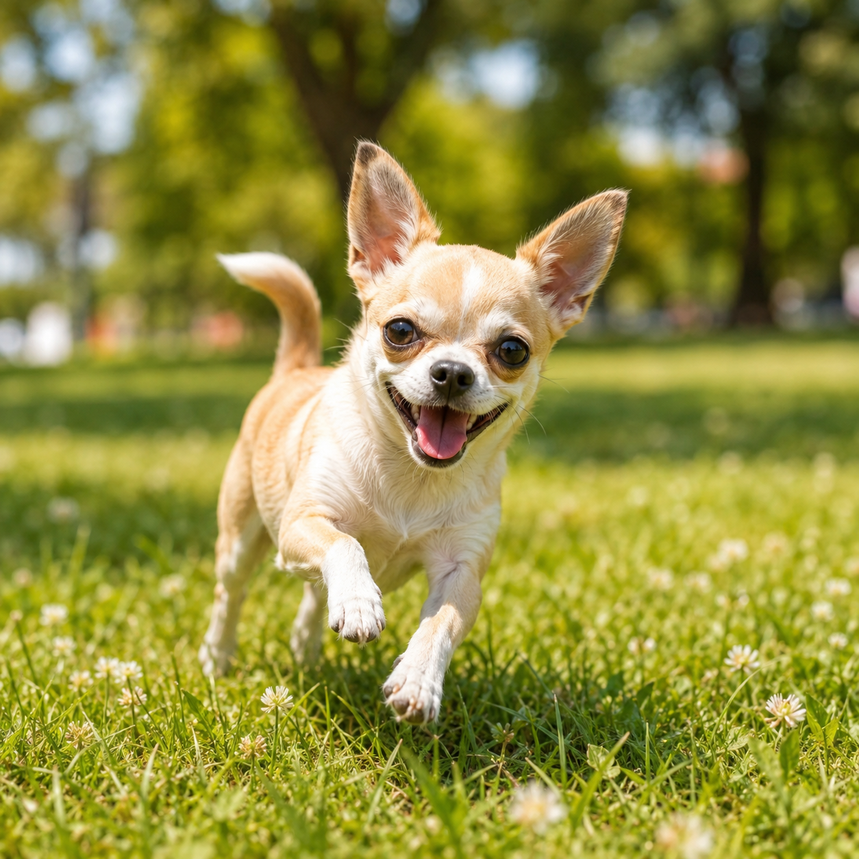 Happy cream chihuahua smiling in a cozy dog bed with a toy