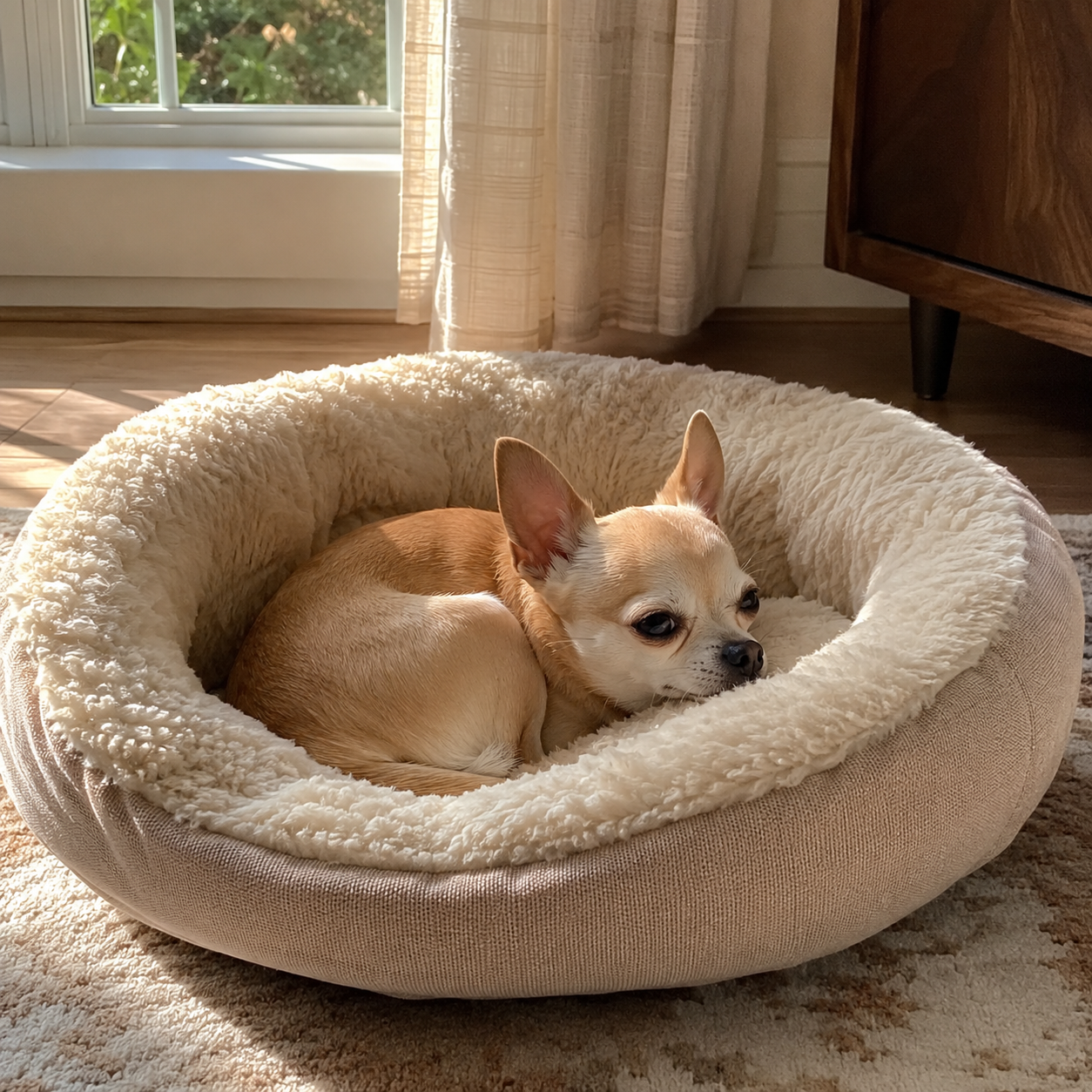Two chihuahuas side by side on a blanket looking at the camera