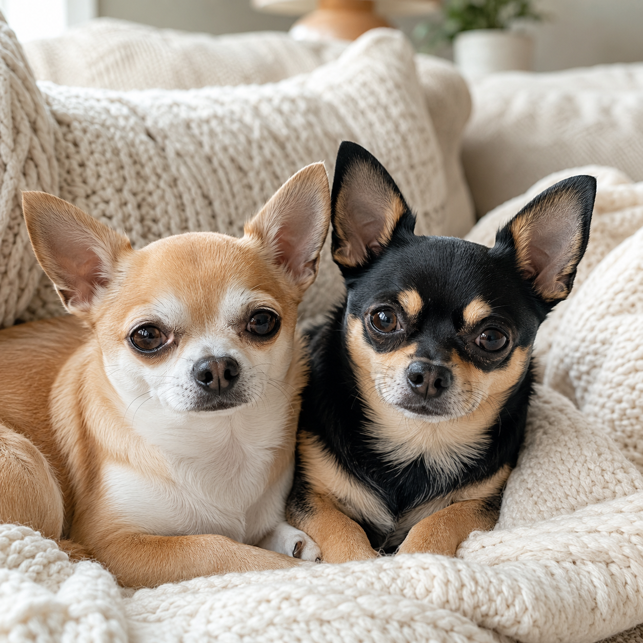 Two chihuahuas sleeping together in a round dog bed