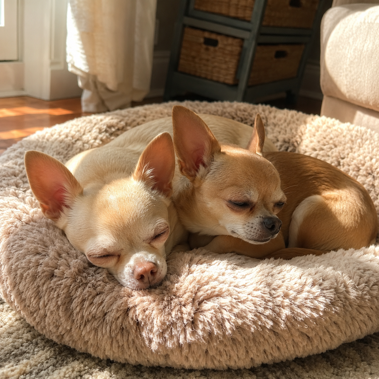 Long-haired and smooth-coat chihuahua portrait together on a blanket