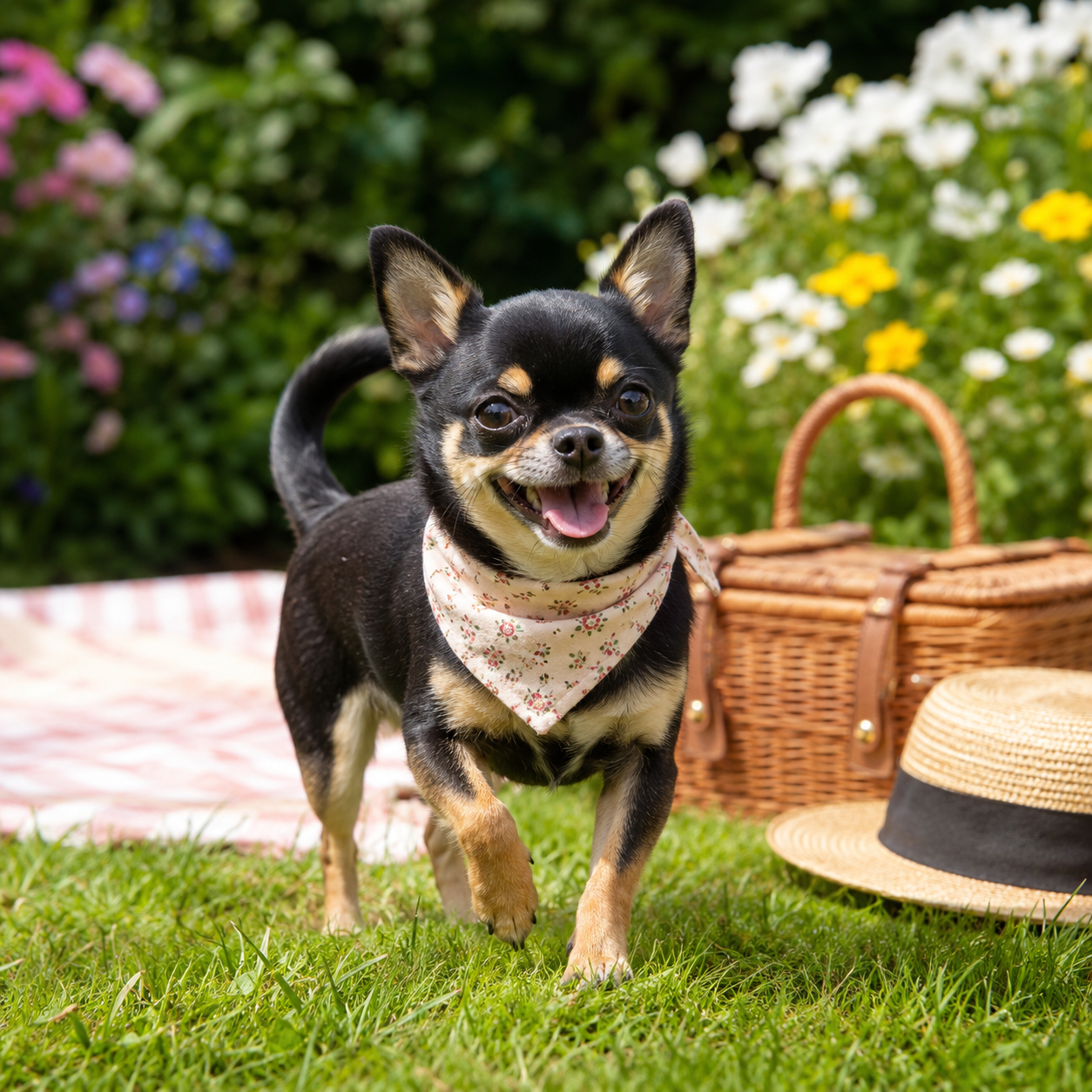 Smiling cream chihuahua sitting happily on a colorful couch