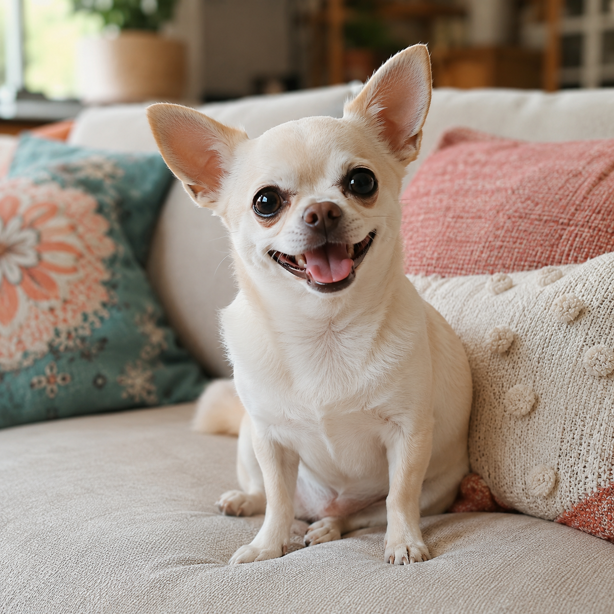 Happy tan chihuahua trotting confidently along the beach