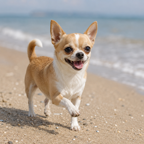 Confident black and tan chihuahua sitting at an outdoor café patio