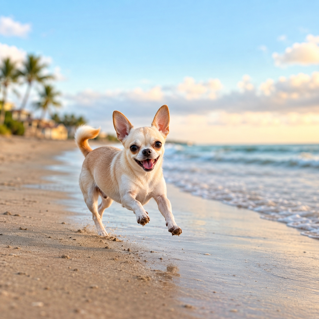 Tan chihuahua trotting happily along a coastal boardwalk