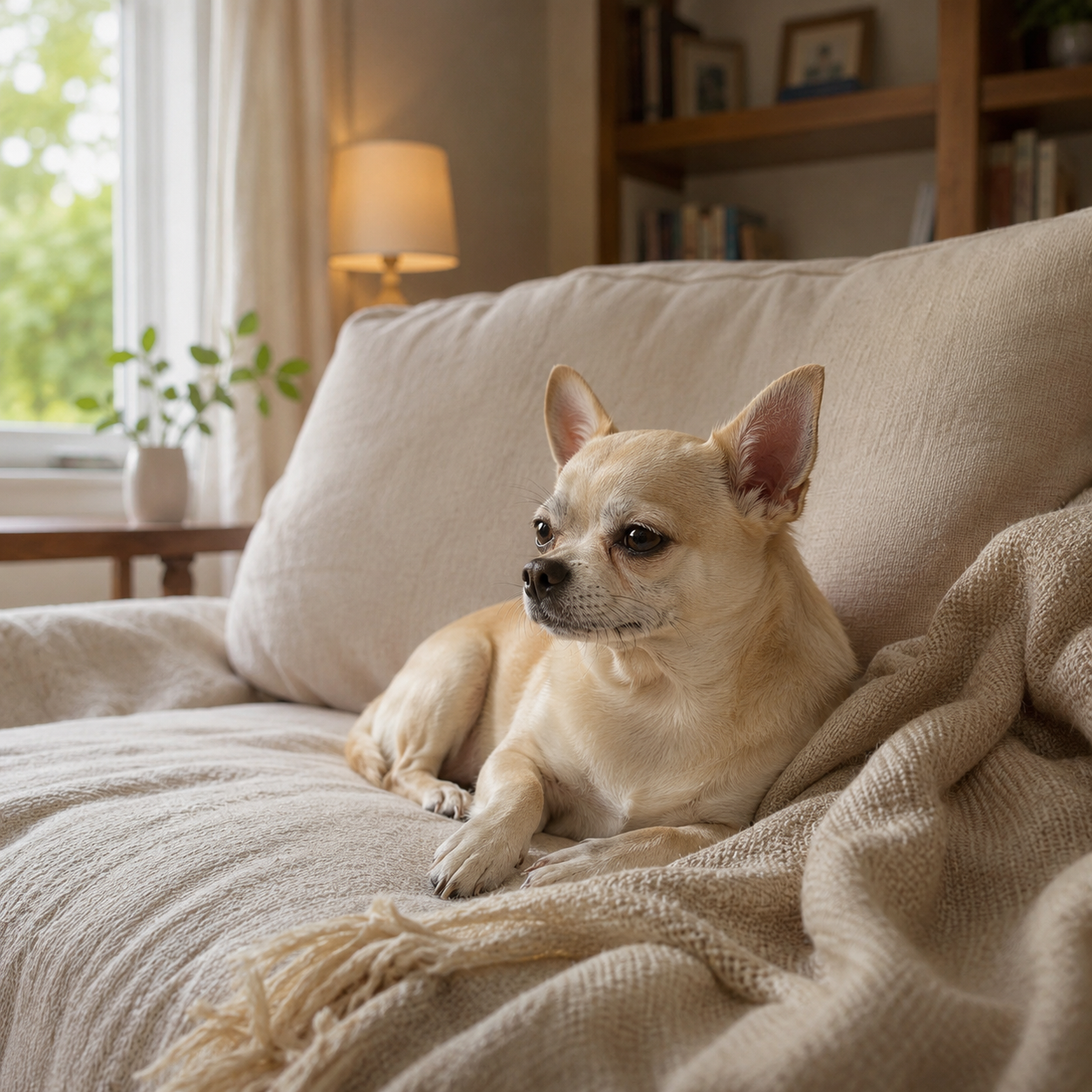 Black and tan chihuahua sitting on hardwood floor by a houseplant