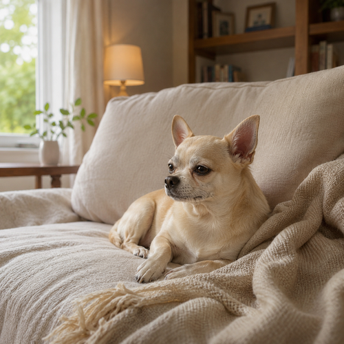 Black and tan chihuahua sitting on hardwood floor by a houseplant